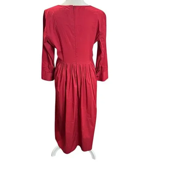 S Max Mara Red V Neck Midi Dress Pleated Waist Long Sleeve Size 10 - Picture 4 of 6